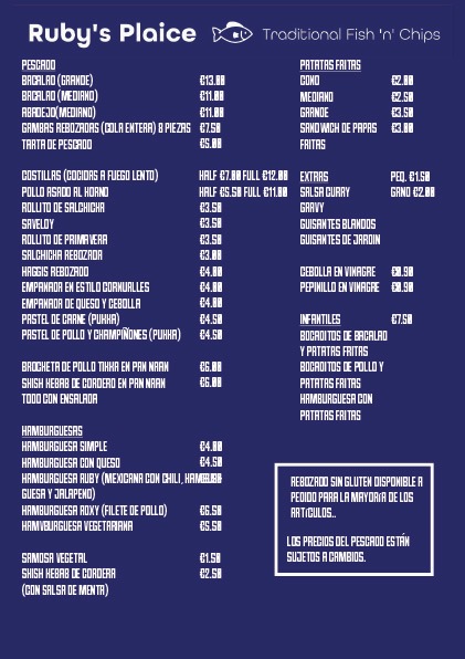 rubys plaice fish and chips los belones menu spanish